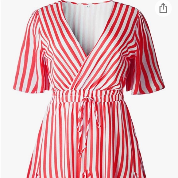 Deep Plunge Red striped Wrap Ruffle Hem Pleated Dress - Picture 2 of 3